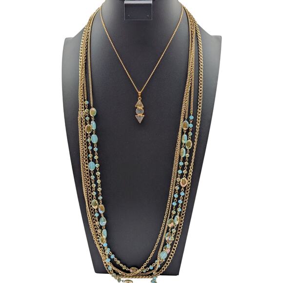 Lot of Two Gold Tone Necklaces Multi Strand Gold Tone Blue Gilded Bead & Druzy - Picture 1 of 7